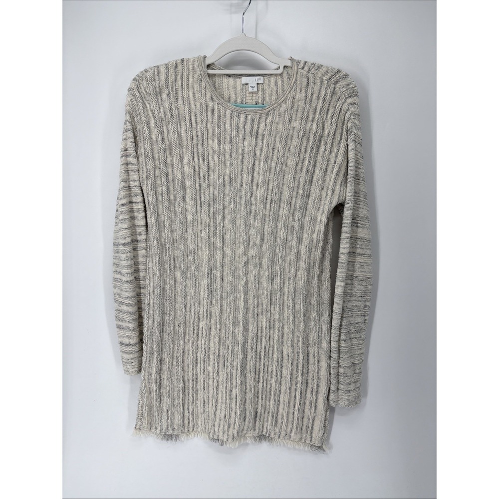 J.Jill Marled Knit Tunic Sweater Women's XS Gray Beige Fringe Hemp Button-Back